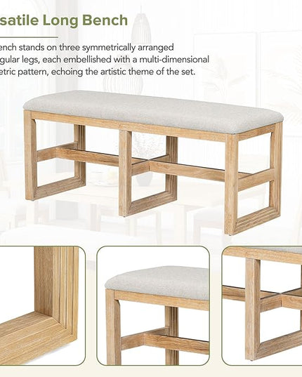 6-Piece Dining Set, Wood Extendable 78inch Kitchen Table with 18" Butterfly Leaf, 4 Upholstered Chairs & Long Bench, Natural, 60"-78" L x 36" W x 30" H - LeafyLoom