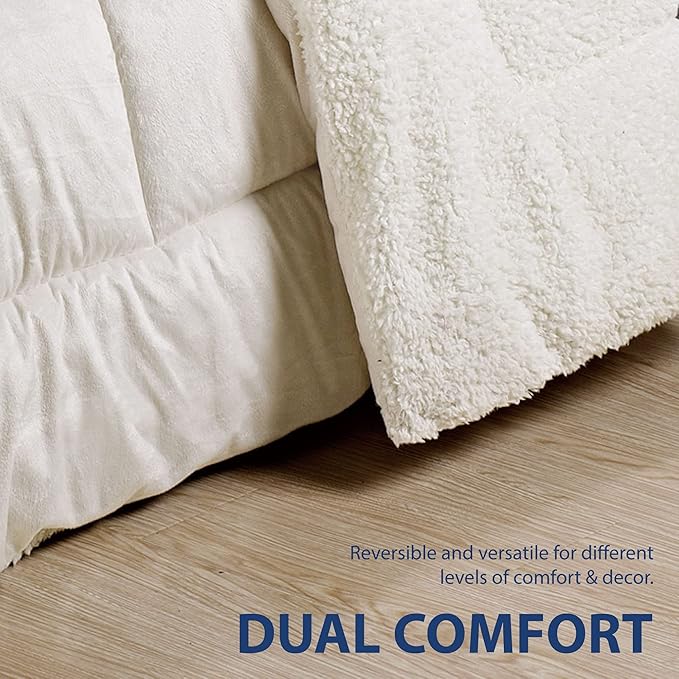 Cathay Home King Comforter Set: Ultra Soft and Plush Reversible Micromink and Sherpa 3-Piece Bedding Set, Ivory, King (102" x 90") - LeafyLoom