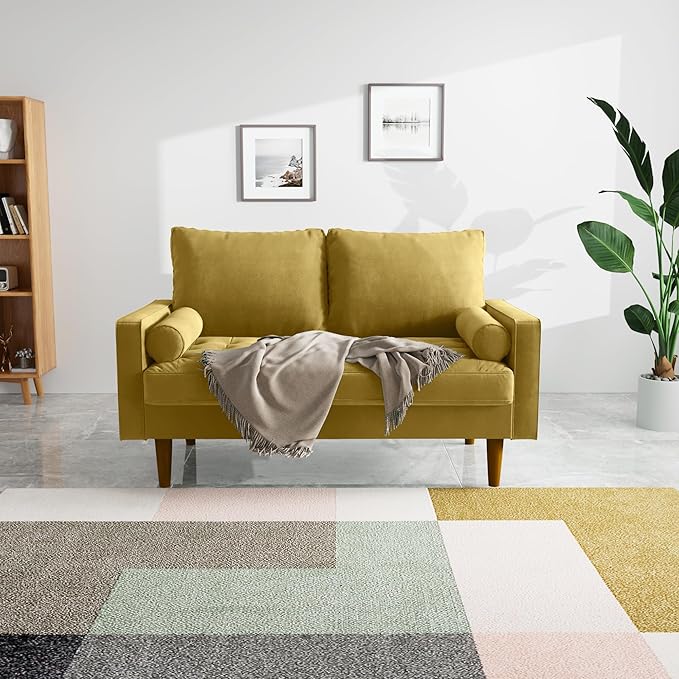 Velvet Furniture for Small Spaces, Mid-Century Modern Loveseats for Living Room, Love Seat Couch Sofas, 58 Inches, Goldenrod - LeafyLoom