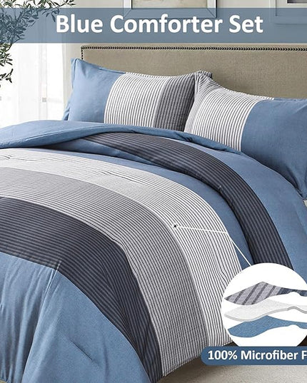 WONGS BEDDING Comforter Set Queen Size, Reversible Blue Grey Striped Patchwork Alternative Comforter for Queen Bed,3 Pieces (1 Comforter+2 Pillowcases), Soft Microfiber Bedding Duvet Set 90”×90” - LeafyLoom