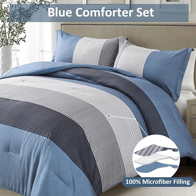 WONGS BEDDING Comforter Set Queen Size, Reversible Blue Grey Striped Patchwork Alternative Comforter for Queen Bed,3 Pieces (1 Comforter+2 Pillowcases), Soft Microfiber Bedding Duvet Set 90”×90” - LeafyLoom