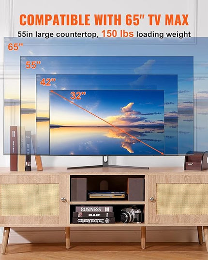 VEVOR Rattan TV Stand, Mid Century Modern TV Stand for 65 inch TV, Boho Rattan TV Cabinet with Build-in Socket and USB Ports, Adjustable Shelfs for Living Room, Media Room, Oak - LeafyLoom