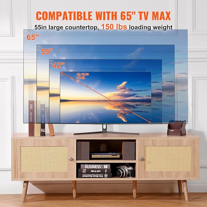 VEVOR Rattan TV Stand, Mid Century Modern TV Stand for 65 inch TV, Boho Rattan TV Cabinet with Build-in Socket and USB Ports, Adjustable Shelfs for Living Room, Media Room, Oak - LeafyLoom
