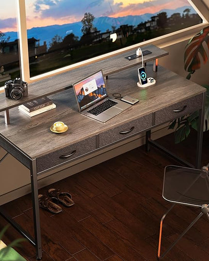 55 inch Computer Desk with 3 Drawers, Office Desk Gaming Desk with LED Lights & Power Outlets, Home Office Desks with Storage Space for Bedroom, Work from Home, Gray - LeafyLoom