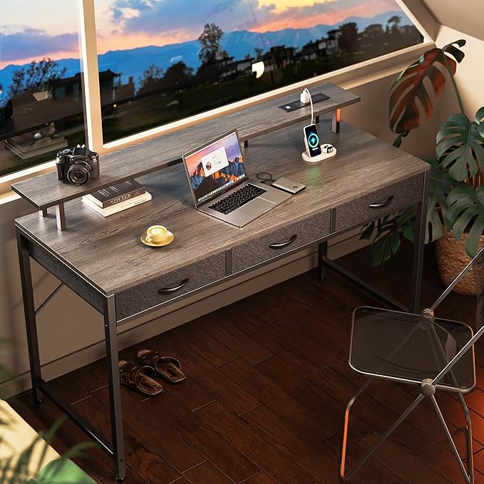 55 inch Computer Desk with 3 Drawers, Office Desk Gaming Desk with LED Lights & Power Outlets, Home Office Desks with Storage Space for Bedroom, Work from Home, Gray - LeafyLoom