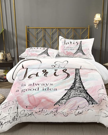 Bodhi Pink Comforter Set Twin,Paris Comforter Set for Girls,Cartoon Sketch Eiffel Tower Pink Bedding Set,Girls Pink Paris Bedding Set with Matching Pillowcase,Eiffel Tower Bedding Set - LeafyLoom