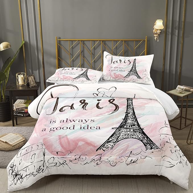 Bodhi Pink Comforter Set Twin,Paris Comforter Set for Girls,Cartoon Sketch Eiffel Tower Pink Bedding Set,Girls Pink Paris Bedding Set with Matching Pillowcase,Eiffel Tower Bedding Set - LeafyLoom