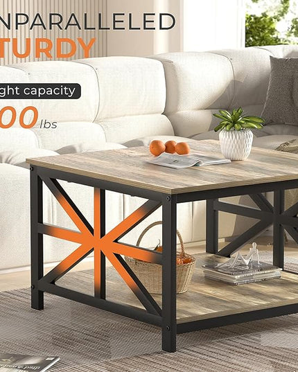 GreenForest Coffee Table with Storage, Small Coffee Table with Split Tabletop for Living Room, 27.6 inch Farmhouse Square Sofa Table Center Table for Small Spaces, Easy Assembly, Grey Wash - LeafyLoom