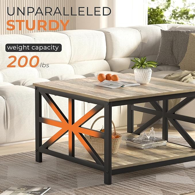 GreenForest Coffee Table with Storage, Small Coffee Table with Split Tabletop for Living Room, 27.6 inch Farmhouse Square Sofa Table Center Table for Small Spaces, Easy Assembly, Grey Wash - LeafyLoom