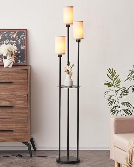LEDIARY 65" Floor Lamp for Living Room 3-Light Modern Floor Lamps with Shelves, Linen Shades Standing Lamp with On/Off Foot Switch for Bedroom, Black Tall Lamp for Office Corner - LeafyLoom