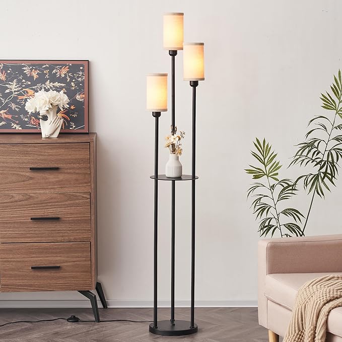 LEDIARY 65" Floor Lamp for Living Room 3-Light Modern Floor Lamps with Shelves, Linen Shades Standing Lamp with On/Off Foot Switch for Bedroom, Black Tall Lamp for Office Corner - LeafyLoom