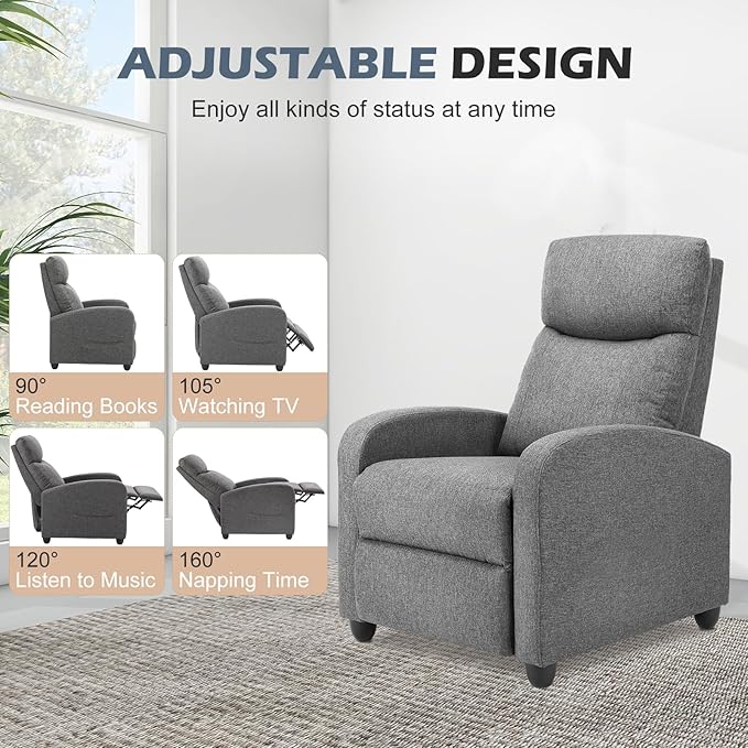 SMUG Recliner Chair Massage Reclining for Adults, Comfortable Fabric Recliner Adjustable Home Theater Seating Lounge with Padded Seat Backrest, Small Recliners for Living Room, Bedroom (Deep Grey) - LeafyLoom