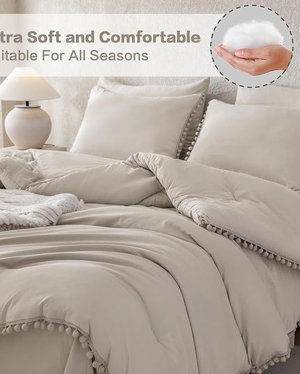 Litanika Comforter Full Size Set Linen Grey,3 Pieces Linen Grey Boho Pom Pom Lightweight Bed Comforter Full,All Season Solid Color Bedding Comforter Sets (1 Comforter 79x90 Inch, 2 Pillowcases) - LeafyLoom