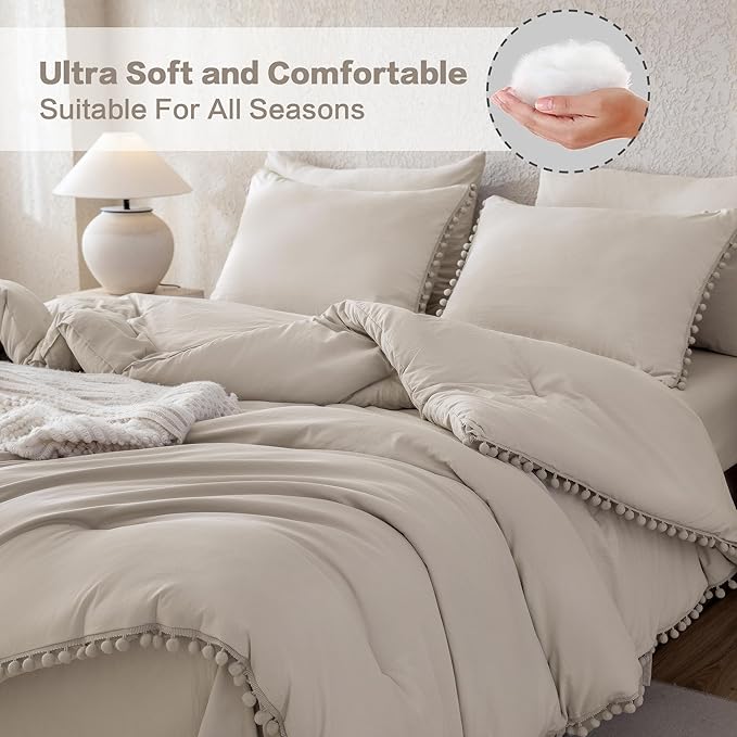 Litanika Comforter Full Size Set Linen Grey,3 Pieces Linen Grey Boho Pom Pom Lightweight Bed Comforter Full,All Season Solid Color Bedding Comforter Sets (1 Comforter 79x90 Inch, 2 Pillowcases) - LeafyLoom