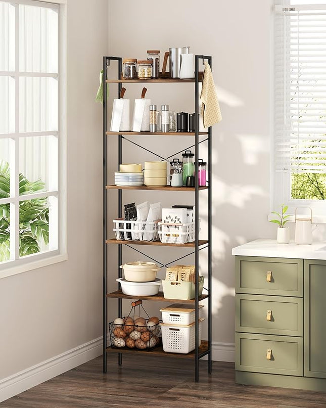 Bookshelf, Book Shelf, Industrial Bookcase with 2 Hooks, Coner Shelf Storage Organizer for Home Office, Living Room, Bedroom, Kitchen, 6-Tier Rustic Brown BC22701B - LeafyLoom