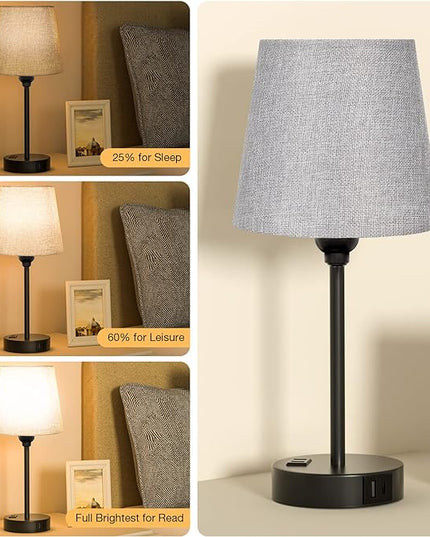Grey Bedside Lamps for bedrooms Set of 2 - Nightstand Bedroom Lamp with USB C Port and AC Outlet Charging, 3 Way Dimmable Touch Control Small Bed Side Table Lamp, Night Stand Light for Kids/Guest Room - LeafyLoom
