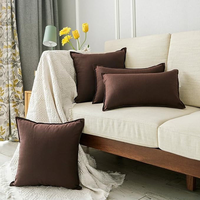 Jeanerlor Cotton Linen Square Decorative Throw Pillow Case Cushion Cover with Twin Needles Stitch on Edge, 12"x20"(30 x 50cm), 2 Pcs, Brown - LeafyLoom