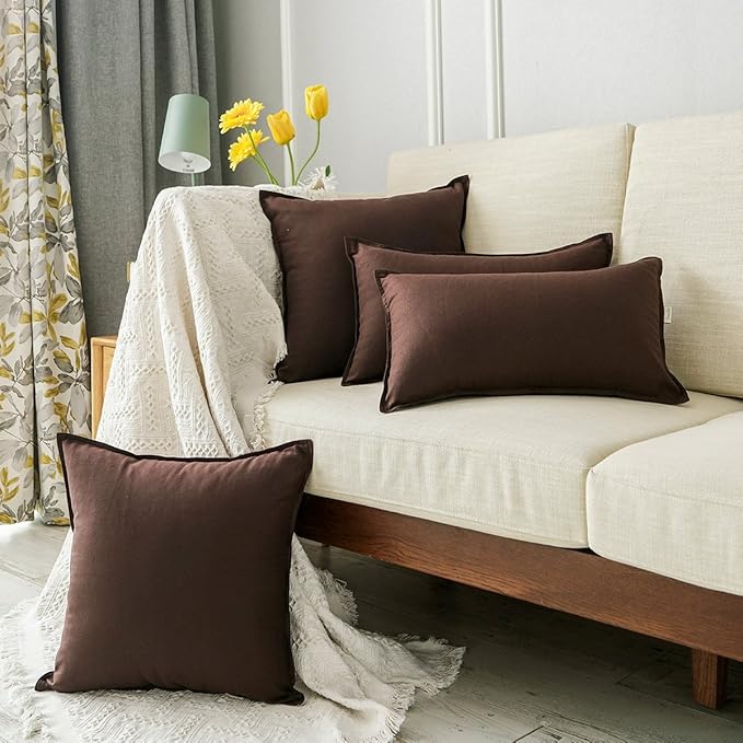 Jeanerlor Pack of 2 Cotton Linen Soft Soild Decorative Square Throw Pillow Covers Set Cushion Case for Children Kid Baby 24 x 24 Inch 60 x 60cm,Brown - LeafyLoom