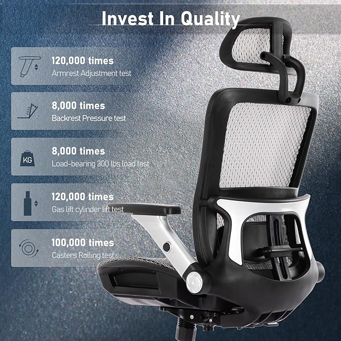COLAMY Ergonomic Mesh Office Chair with Footrest, High Back Computer Executive Desk Chair with Headrest and 4D Flip-up Armrests, Adjustable Tilt Lock and Lumbar Support-Grey - LeafyLoom