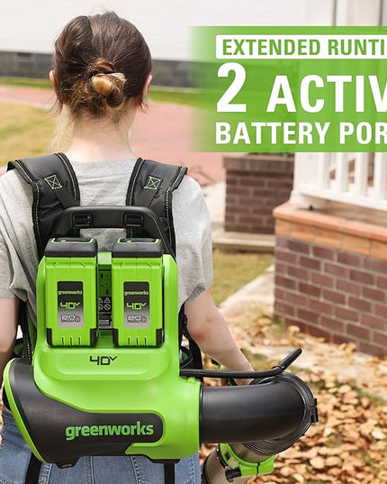 Greenworks 40V (175 MPH / 710 CFM) Dual Port Cordless Brushless Backpack Leaf Blower, (2) 8.0Ah Battery and Charger Included - LeafyLoom