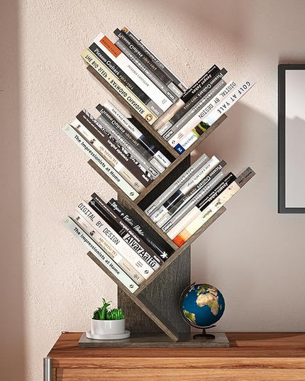 5 Tier Small Tree Bookshelf Desk Book Organizer Narrow Bookcases for Books Magazines CDs Free Standing Retro Wooden Storage Shelves for Home Office Bedroom Living Room Oak Grey - LeafyLoom