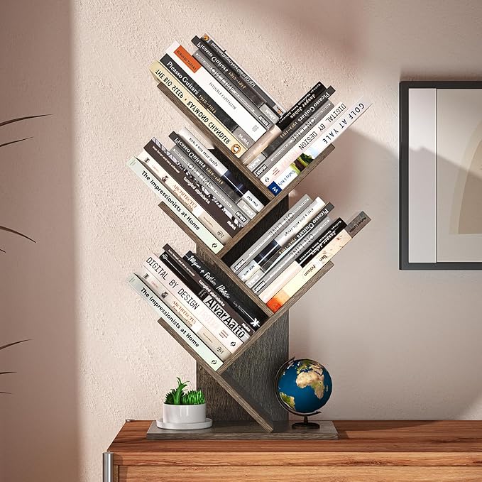 5 Tier Small Tree Bookshelf Desk Book Organizer Narrow Bookcases for Books Magazines CDs Free Standing Retro Wooden Storage Shelves for Home Office Bedroom Living Room Oak Grey - LeafyLoom