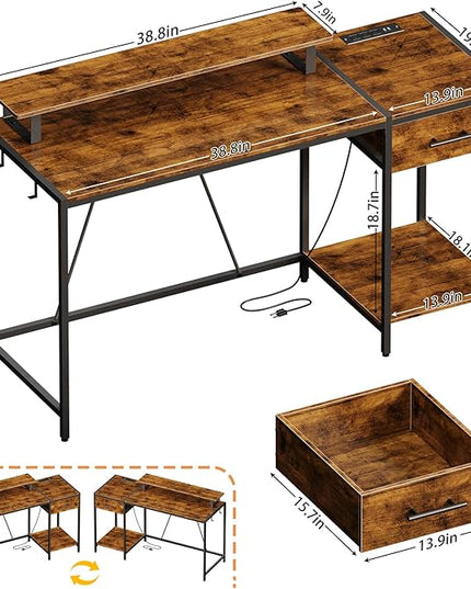 Computer Desk with Drawer and Power Outlets,55" Office Desk with Monitor Stand and Led Lights, Work Desk for Home Office,Sturdy Writing Desk with Shelves and 2 Headphone Hooks,Rustic Brown - LeafyLoom