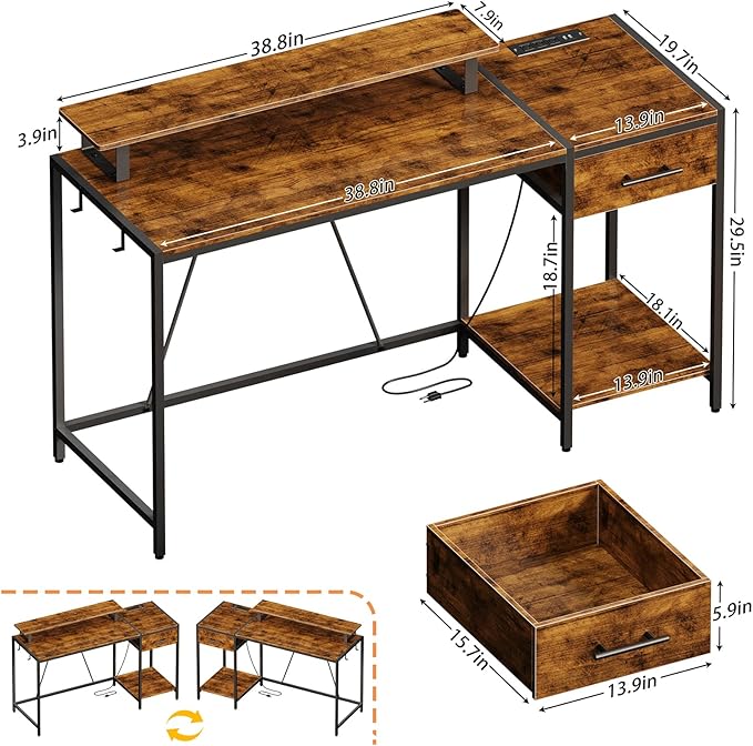 Computer Desk with Drawer and Power Outlets,55" Office Desk with Monitor Stand and Led Lights, Work Desk for Home Office,Sturdy Writing Desk with Shelves and 2 Headphone Hooks,Rustic Brown - LeafyLoom