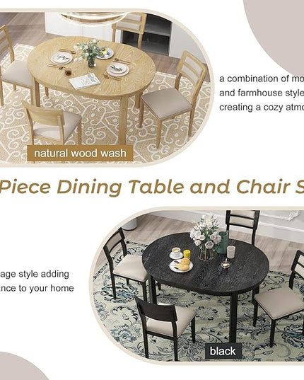 Multifunctional Farmhouse Extendable Round, 2 Small Drawers and 4 Upholstered Chairs, Room, Kitchen, 5 Piece Dining Table Set, Natural Wood Wash 15 - LeafyLoom