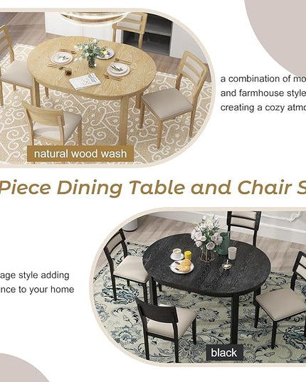 5-Piece Farmhouse Extendable Round Dining Table Set with Two 4 Upholstered Chairs for Kitchen, Breakfast Nook, Living Room, 42"-56" L x 42" W x 30" H, Natural Wood Wash(2 Small Drawers) - LeafyLoom