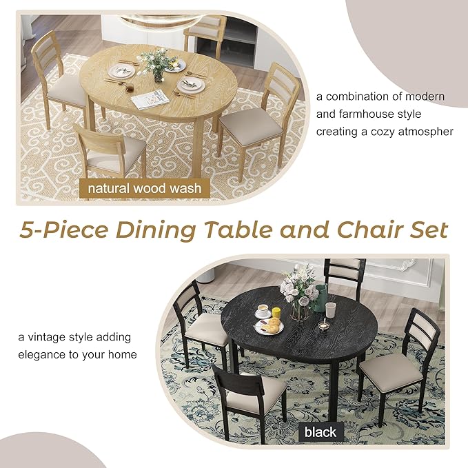 5-Piece Farmhouse Extendable Round Dining Table Set with Two 4 Upholstered Chairs for Kitchen, Breakfast Nook, Living Room, 42"-56" L x 42" W x 30" H, Natural Wood Wash(2 Small Drawers) - LeafyLoom