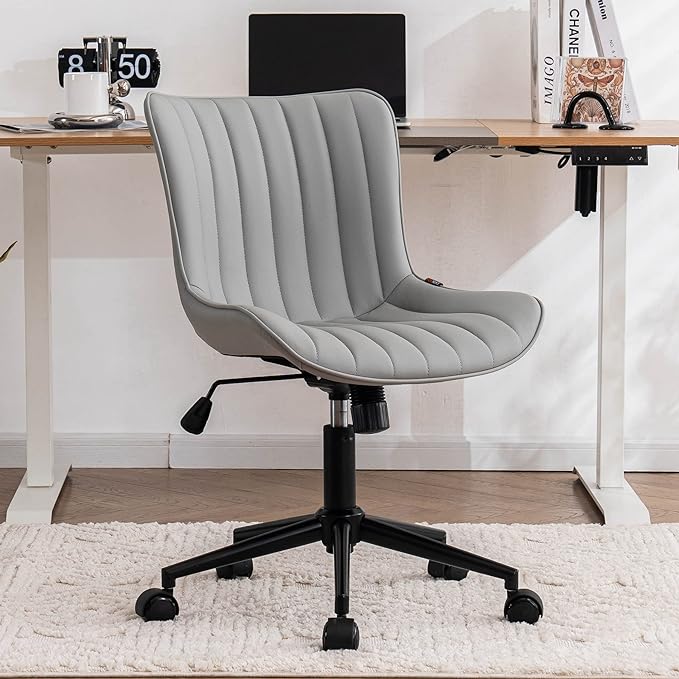 YOUNIKE Armless Office Chair with Wheels Swivel Rolling Computer Chair, Upholstered Leather Desk Chair, Modern Adjustable Rolling Task Chair, Grey - LeafyLoom