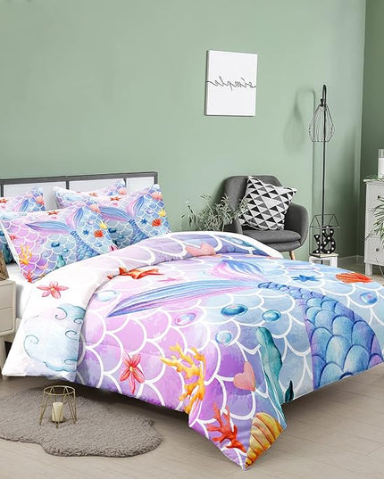 NINENINE Mermaid Bedding Sets,Girls Comforter Sets Queen, Princess Bedding Queen,Mermaid Comforter Ocean Fish Scales Bedding Sets with 1 Comforter 2Pillowcases - LeafyLoom