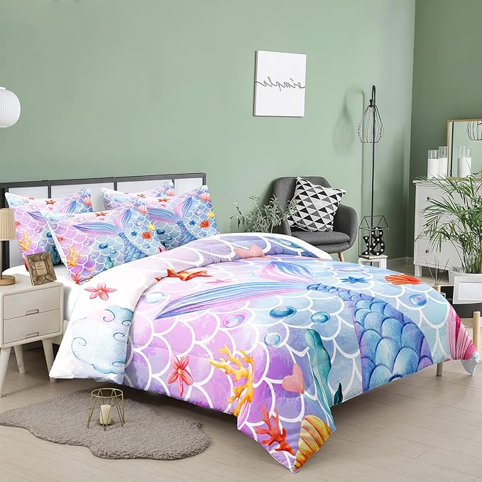 NINENINE Mermaid Bedding Sets,Girls Comforter Sets Queen, Princess Bedding Queen,Mermaid Comforter Ocean Fish Scales Bedding Sets with 1 Comforter 2Pillowcases - LeafyLoom