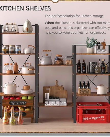 4NM Bookshelf 5 Tier Industrial Bookcase Home Office Adjustable Bookshelves Storage Shelves Organizer Vintage Book Shelf Display Rack for Living Room, Bedroom,Home- Rustic Brown - LeafyLoom