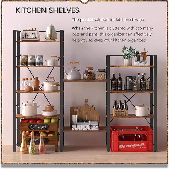 4NM Bookshelf 5 Tier Industrial Bookcase Home Office Adjustable Bookshelves Storage Shelves Organizer Vintage Book Shelf Display Rack for Living Room, Bedroom,Home- Rustic Brown - LeafyLoom