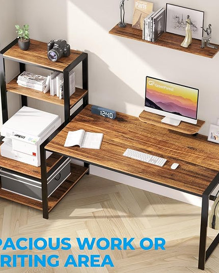 GreenForest Computer Desk 67 inch with Storage Printer Shelf Reversible Home Office Desk Large Study Writing Table with Movable Monitor Stand and 2 Headphone Hooks for PC Gaming Working, Walnut - LeafyLoom