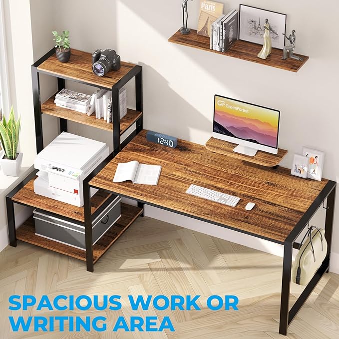 GreenForest Computer Desk 67 inch with Storage Printer Shelf Reversible Home Office Desk Large Study Writing Table with Movable Monitor Stand and 2 Headphone Hooks for PC Gaming Working, Walnut - LeafyLoom