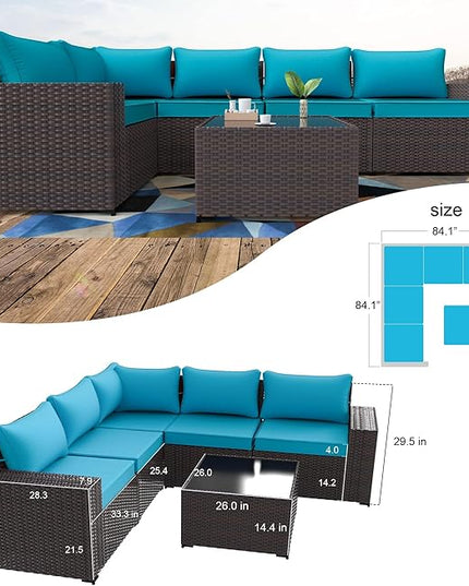Kullavik 6PCS Outdoor Patio Furniture Set PE Wicker Rattan Sectional Sofa Patio Conversation Sets,Blue - LeafyLoom