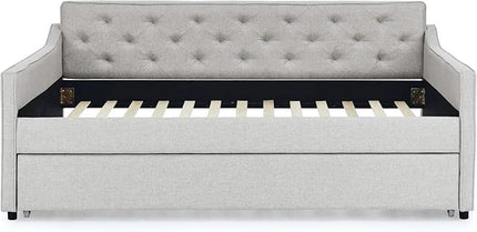 Full Size Daybed with win Size Trundle, Upholstered Tufted Day Bed, with Button Back and Waved Shape Arms, Wood Slat Support, No Spring Box Need, for Bedroom, Livingroom, Beige - LeafyLoom