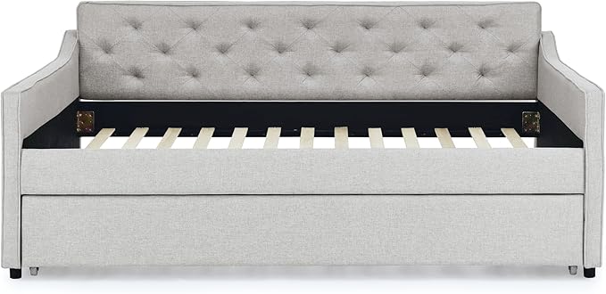Full Size Daybed with win Size Trundle, Upholstered Tufted Day Bed, with Button Back and Waved Shape Arms, Wood Slat Support, No Spring Box Need, for Bedroom, Livingroom, Beige - LeafyLoom