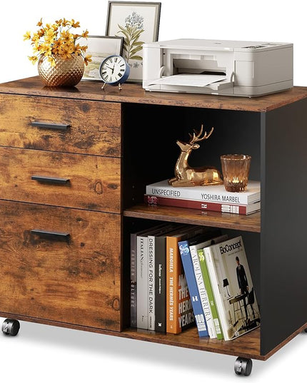 DEVAISE 3-Drawer Wood File Cabinet, Mobile Lateral Filing Cabinet, Printer Stand with Open Storage Shelves for Home Office, Rustic Brown - LeafyLoom