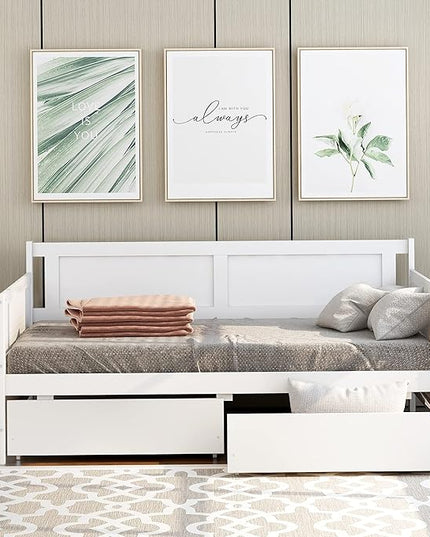 Twin Daybed with 2 Storage Drawers,Pinewood Twin Size Daybed Frame with Solid Guardrail,Dual-Use Sofa Daybed for Boys/Girls/Teens Bedroom, Easy to Assemble, No Box Spring Needed,White - LeafyLoom