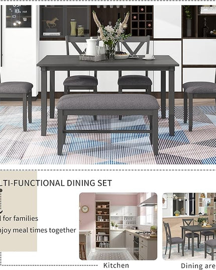 Dining Table Set for 6, Wood Rectangular Dining Table and 4 Fabric Chairs & Bench, 6-Piece Kitchen Table Set for Dining Room and Living Room, Charcoal Grey - LeafyLoom