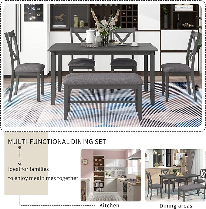 Dining Table Set for 6, Wood Rectangular Dining Table and 4 Fabric Chairs & Bench, 6-Piece Kitchen Table Set for Dining Room and Living Room, Charcoal Grey - LeafyLoom