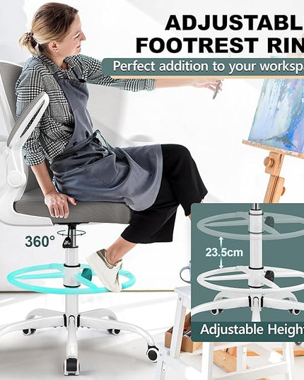 FelixKing Drafting Chair Ergonomic Tall Office Chair, Breathable Mesh Chair with Adjustable Footrest Ring Lumbar Support Flip-up Armrests, High Back Executive Comfy Task Computer Chair for Home Office - LeafyLoom