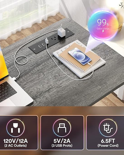 Height Adjustable Standing Desk with Power Outlets, 47" Manual Stand Up Desk with Storage Shelves Small Mobile Rolling Computer Desk Portable Laptop Table with Wheels for Home Office, Grey Oak - LeafyLoom