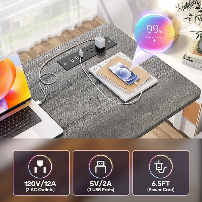 Height Adjustable Standing Desk with Power Outlets, 47" Manual Stand Up Desk with Storage Shelves Small Mobile Rolling Computer Desk Portable Laptop Table with Wheels for Home Office, Grey Oak - LeafyLoom