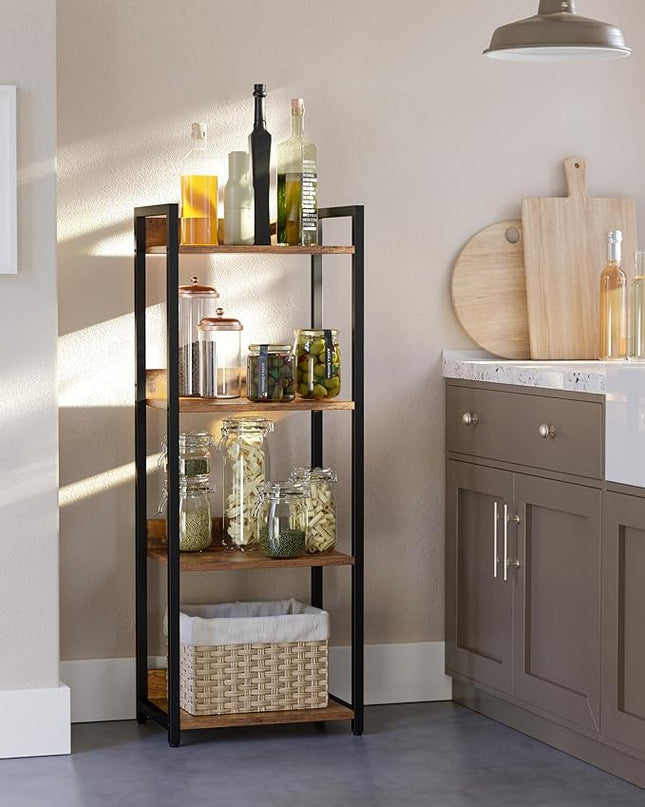 4-Tier Bookshelf, Narrow Bookcase with Open Shelves, Short Book Shelf Coner Shelf for Living Room, Bedroom, Home Office, Study, Bathroom,9.4 x 15.7 x 41.7 Inches, Rustic Brown and Black - LeafyLoom