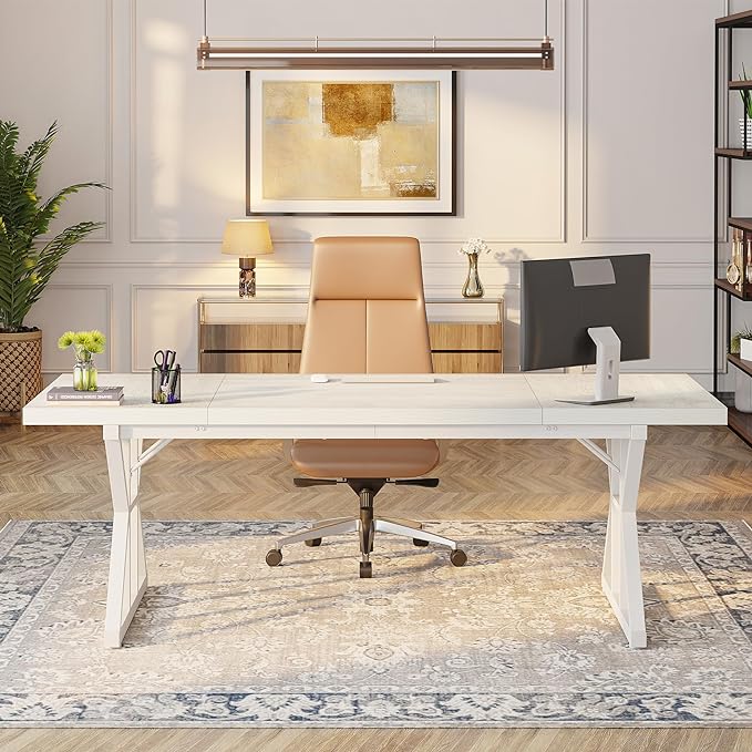 Tribesigns 70.8-Inch Executive Desk, Large Computer Office Desk Workstation, Modern Simple Style Laptop Desk Study Writing Table Business Furniture for Home Office (White, 70.8 Inch) - LeafyLoom